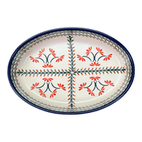 A picture of a Polish Pottery Zaklady 11" x 7.5" Oval Baker (Scarlet Stitch) | Y349A-A1158A as shown at PolishPotteryOutlet.com/products/11-x-7-5-oval-baker-scarlet-stitch-y349a-a1158a
