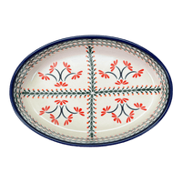 A picture of a Polish Pottery Baker, Oval, 11" x 7.5" in "Scarlet Stitch" by Zaklady | Y349A-A1158A as shown at PolishPotteryOutlet.com/products/11-x-7-5-oval-baker-scarlet-stitch-y349a-a1158a