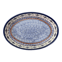 A picture of a Polish Pottery Zaklady 11" x 7.5" Oval Baker (Blue Mosaic Flower) | Y349A-A221A as shown at PolishPotteryOutlet.com/products/11-oval-baker-blue-mosaic-flower-y349a-a221a