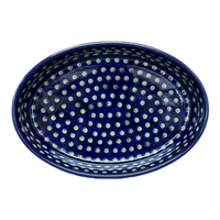 A picture of a Polish Pottery Zaklady 11" x 7.5" Oval Baker (Strawberry Dot) | Y349A-A310A as shown at PolishPotteryOutlet.com/products/11-x-7-5-oval-baker-strawberry-dot-y349a-a310a