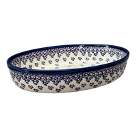 A picture of a Polish Pottery Zaklady 11" x 7.5" Oval Baker (Falling Blue Daisies) | Y349A-A882A as shown at PolishPotteryOutlet.com/products/11-x-7-5-oval-baker-falling-blue-daisies-y349a-a882a