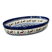 A picture of a Polish Pottery Zaklady 11" x 7.5" Oval Baker (Evergreen Moose) | Y349A-A992A as shown at PolishPotteryOutlet.com/products/11-x-7-5-oval-baker-evergreen-moose-y349a-a992a
