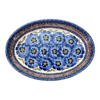 A picture of a Polish Pottery Zaklady 11" x 7.5" Oval Baker (Bloomin' Sky) | Y349A-ART148 as shown at PolishPotteryOutlet.com/products/11-oval-baker-blue-bouquet-in-mosaic-y349a-art148