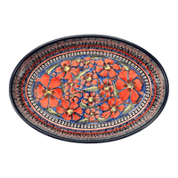 A picture of a Polish Pottery Zaklady 11" x 7.5" Oval Baker (Exotic Reds) | Y349A-ART150 as shown at PolishPotteryOutlet.com/products/11-oval-baker-exotic-reds-y349a-art150