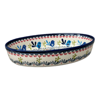 A picture of a Polish Pottery Zaklady 11" x 7.5" Oval Baker (Circling Bluebirds) | Y349A-ART214 as shown at PolishPotteryOutlet.com/products/11-x-7-5-oval-baker-circling-bluebirds-y349a-art214