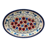 A picture of a Polish Pottery Zaklady 11" x 7.5" Oval Baker (Circling Bluebirds) | Y349A-ART214 as shown at PolishPotteryOutlet.com/products/11-x-7-5-oval-baker-circling-bluebirds-y349a-art214