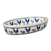 A picture of a Polish Pottery Zaklady 11" x 7.5" Oval Baker (Rooster Blues) | Y349A-D1149 as shown at PolishPotteryOutlet.com/products/11-x-7-5-oval-baker-rooster-blues-y349a-d1149