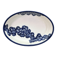 A picture of a Polish Pottery Zaklady 11" x 7.5" Oval Baker (Blue Floral Vines) | Y349A-D1210A as shown at PolishPotteryOutlet.com/products/11-oval-baker-blue-floral-vines-y349a-d1210a