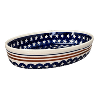A picture of a Polish Pottery Zaklady 11" x 7.5" Oval Baker (Stars & Stripes) | Y349A-D81 as shown at PolishPotteryOutlet.com/products/11-oval-baker-stars-stripes-y349a-d81