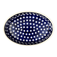 A picture of a Polish Pottery Zaklady 11" x 7.5" Oval Baker (Stars & Stripes) | Y349A-D81 as shown at PolishPotteryOutlet.com/products/11-oval-baker-stars-stripes-y349a-d81
