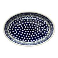 A picture of a Polish Pottery Baker, Oval, 11" x 7.5" in "Grecian Dot" by Zaklady | Y349A-D923 as shown at PolishPotteryOutlet.com/products/11-x-7-5-oval-baker-geometric-peacock-y349a-d923