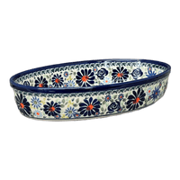 A picture of a Polish Pottery Zaklady 11" x 7.5" Oval Baker (Floral Explosion) | Y349A-DU126 as shown at PolishPotteryOutlet.com/products/11-x-7-5-oval-baker-du126-y349a-du126