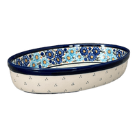 A picture of a Polish Pottery Zaklady 11" x 7.5" Oval Baker (Garden Party Blues) | Y349A-DU50 as shown at PolishPotteryOutlet.com/products/11-oval-baker-garden-party-blues-y349a-du50