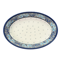 A picture of a Polish Pottery Zaklady 11" x 7.5" Oval Baker (Garden Party Blues) | Y349A-DU50 as shown at PolishPotteryOutlet.com/products/11-oval-baker-garden-party-blues-y349a-du50