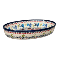 A picture of a Polish Pottery Zaklady 12.25" Oval Baker (Circling Bluebirds) | Y350A-ART214 as shown at PolishPotteryOutlet.com/products/12-25-oval-baker-circling-bluebirds-y350a-art214