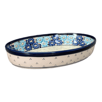 A picture of a Polish Pottery Zaklady 12.25" Oval Baker (Garden Party Blues) | Y350A-DU50 as shown at PolishPotteryOutlet.com/products/12-25-oval-baker-garden-party-blues-y350a-du50