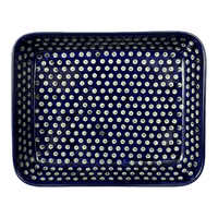A picture of a Polish Pottery Zaklady 9" x 11.75" Rectangular Baker (Strawberry Dot) | Y371A-A310A as shown at PolishPotteryOutlet.com/products/zaklady-rectangular-baker-strawberry-peacock-y371a-a310a