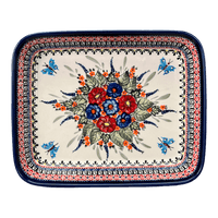 A picture of a Polish Pottery Zaklady 9" x 11.75" Rectangular Baker (Butterfly Bouquet) | Y371A-ART149 as shown at PolishPotteryOutlet.com/products/zaklady-rectangular-baker-butterfly-bouquet-y371a-art149