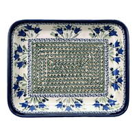 A picture of a Polish Pottery Zaklady 9" x 11.75" Rectangular Baker (Blue Tulips) | Y371A-ART160 as shown at PolishPotteryOutlet.com/products/zaklady-rectangular-baker-blue-tulips-y371a-art160