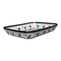 A picture of a Polish Pottery Zaklady 9" x 11.75" Rectangular Baker (Circling Bluebirds) | Y371A-ART214 as shown at PolishPotteryOutlet.com/products/zaklady-rectangular-baker-circling-bluebirds-y371a-art214