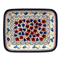 A picture of a Polish Pottery 9" x 11.75" Rectangular Baker (Circling Bluebirds) | Y371A-ART214 as shown at PolishPotteryOutlet.com/products/zaklady-rectangular-baker-circling-bluebirds-y371a-art214