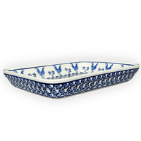 A picture of a Polish Pottery Zaklady 9" x 11.75" Rectangular Baker (Rooster Blues) | Y371A-D1149 as shown at PolishPotteryOutlet.com/products/9-x-11-75-rectangular-baker-rooster-blues-y371a-d1149