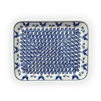 A picture of a Polish Pottery Zaklady 9" x 11.75" Rectangular Baker (Rooster Blues) | Y371A-D1149 as shown at PolishPotteryOutlet.com/products/9-x-11-75-rectangular-baker-rooster-blues-y371a-d1149