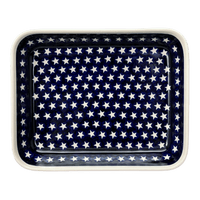 A picture of a Polish Pottery Zaklady 9" x 11.75" Rectangular Baker (Stars & Stripes) | Y371A-D81 as shown at PolishPotteryOutlet.com/products/zaklady-rectangular-baker-stars-stripes-y371a-d81