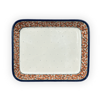 A picture of a Polish Pottery Zaklady 9" x 11.75" Rectangular Baker (Orange Wreath) | Y371A-DU52 as shown at PolishPotteryOutlet.com/products/9-x-11-75-rectangular-baker-orange-wreath-y371a-du52