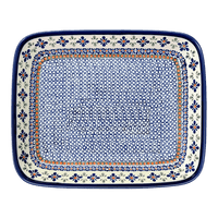 A picture of a Polish Pottery Zaklady 10.5" x 13" Rectangular Baker (Blue Mosaic Flower) | Y372A-A221A as shown at PolishPotteryOutlet.com/products/9-x-11-rectangular-baker-blue-mosaic-flower-y372a-a221a