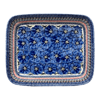 A picture of a Polish Pottery Zaklady 10.5" x 13" Rectangular Baker (Bloomin' Sky) | Y372A-ART148 as shown at PolishPotteryOutlet.com/products/9-x-11-rectangular-baker-blue-bouquet-in-mosaic-y372a-art148