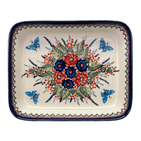 A picture of a Polish Pottery Zaklady 10.5" x 13" Rectangular Baker (Butterfly Bouquet) | Y372A-ART149 as shown at PolishPotteryOutlet.com/products/9-x-11-rectangular-baker-butterfly-bouquet-y372a-art149