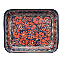A picture of a Polish Pottery Zaklady 10.5" x 13" Rectangular Baker (Exotic Reds) | Y372A-ART150 as shown at PolishPotteryOutlet.com/products/9-x-11-rectangular-baker-exotic-reds-y372a-art150