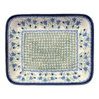 A picture of a Polish Pottery 10.5" x 13" Rectangular Baker (Blue Tulips) | Y372A-ART160 as shown at PolishPotteryOutlet.com/products/9-x-11-rectangular-baker-blue-tulips-y372a-art160