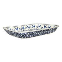 A picture of a Polish Pottery Zaklady 10.5" x 13" Rectangular Baker (Rooster Blues) | Y372A-D1149 as shown at PolishPotteryOutlet.com/products/10-5-x-13-rectangular-baker-rooster-blues-y372a-d1149