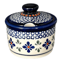 A picture of a Polish Pottery Zaklady 4" Sugar Bowl (Blue Mosaic Flower) | Y698-A221A as shown at PolishPotteryOutlet.com/products/sugar-bowl-blue-mosaic-flower-y698-a221a