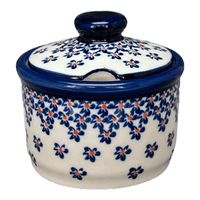 A picture of a Polish Pottery 4" Sugar Bowl (Falling Blue Daisies) | Y698-A882A as shown at PolishPotteryOutlet.com/products/4-sugar-bowl-falling-blue-daisies-y698-a882a
