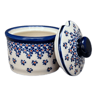 A picture of a Polish Pottery Zaklady 4" Sugar Bowl (Falling Blue Daisies) | Y698-A882A as shown at PolishPotteryOutlet.com/products/4-sugar-bowl-falling-blue-daisies-y698-a882a