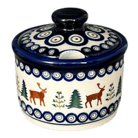 A picture of a Polish Pottery Zaklady 4" Sugar Bowl (Evergreen Moose) | Y698-A992A as shown at PolishPotteryOutlet.com/products/4-sugar-bowl-evergreen-moose-y698-a992a