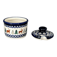 A picture of a Polish Pottery Zaklady 4" Sugar Bowl (Evergreen Moose) | Y698-A992A as shown at PolishPotteryOutlet.com/products/4-sugar-bowl-evergreen-moose-y698-a992a