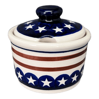 A picture of a Polish Pottery Zaklady 4" Sugar Bowl (Stars & Stripes) | Y698-D81 as shown at PolishPotteryOutlet.com/products/sugar-bowl-stars-stripes-y698-d81