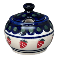 A picture of a Polish Pottery Zaklady Small Bubble Sugar Bowl (Strawberry Dot) | Y729-A310A as shown at PolishPotteryOutlet.com/products/small-bubble-sugar-bowl-strawberry-dot-y729-a310a