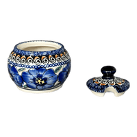 A picture of a Polish Pottery Zaklady Small Bubble Sugar Bowl (Bloomin' Sky) | Y729-ART148 as shown at PolishPotteryOutlet.com/products/small-bubble-sugar-bowl-blue-bouquet-in-mosaic-y729-art148