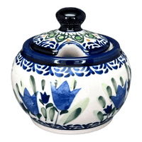 A picture of a Polish Pottery Small Bubble Sugar Bowl (Blue Tulips) | Y729-ART160 as shown at PolishPotteryOutlet.com/products/small-bubble-sugar-bowl-blue-tulips-y729-art160