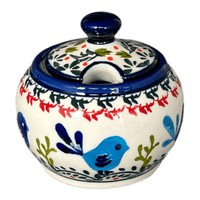A picture of a Polish Pottery Zaklady Small Bubble Sugar Bowl (Circling Bluebirds) | Y729-ART214 as shown at PolishPotteryOutlet.com/products/small-bubble-sugar-bowl-circling-bluebirds-y729-art214