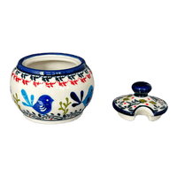 A picture of a Polish Pottery Zaklady Small Bubble Sugar Bowl (Circling Bluebirds) | Y729-ART214 as shown at PolishPotteryOutlet.com/products/small-bubble-sugar-bowl-circling-bluebirds-y729-art214