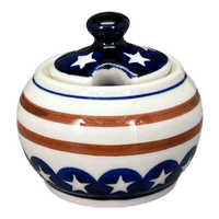 A picture of a Polish Pottery Zaklady Small Bubble Sugar Bowl (Stars & Stripes) | Y729-D81 as shown at PolishPotteryOutlet.com/products/small-bubble-sugar-bowl-stars-stripes-y729-d81
