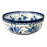 A picture of a Polish Pottery Zaklady 6" Magnolia Bowl (Blue Tulips) | Y833A-ART160 as shown at PolishPotteryOutlet.com/products/6-25-magnolia-bowl-blue-tulips-y833a-art160