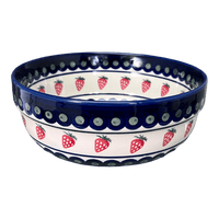 A picture of a Polish Pottery Zaklady 8" Magnolia Bowl (Strawberry Dot) | Y835A-A310A as shown at PolishPotteryOutlet.com/products/8-magnolia-bowl-strawberry-peacock-y835a-a310a