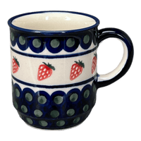A picture of a Polish Pottery Zaklady 8 oz. Traditional Mug (Strawberry Dot) | Y903-A310A as shown at PolishPotteryOutlet.com/products/zaklady-traditional-mug-strawberry-peacock-y903-a310a